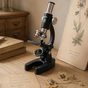 Vintage Champion microscoop, antiek wetenschappelijk instrument met originele houten koffer en objectglaasjes.