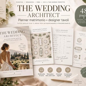 Può includere: Un set di pianificazione per matrimoni intitolato The Wedding Architect che include una guida di 48 pagine, un designer di tavoli, una lista degli invitati e fogli di layout. Include una copertina con una persona in abito bianco e fiori.