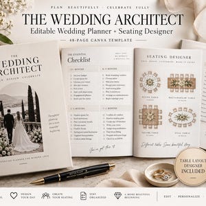 Redigerbar bröllopsplanerare Canva-mall, sittplatsdesigner, 48-sidigt paket (digital nedladdning)