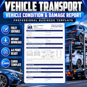 May include: A professional vehicle condition and damage report template featuring sections for customer details, vehicle specifications, condition checklists, damage diagrams, and signature lines, presented in a clean, white, A4-ready layout.