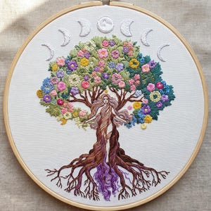 May include: A circular embroidery hoop containing a fabric panel with a hand-stitched design of a figure merging with a tree. The tree features a lush canopy of colorful flowers and a root system with purple accents, topped by white moon phases.