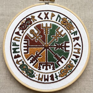 Puede incluir: Un bastidor de bordado circular con un panel de tela blanca que presenta un diseño de brújula Vegvisir cosido a mano. La brújula tiene segmentos marrones, verdes y dorados con líneas marrones oscuras, rodeada por un borde de runas y dragones.
