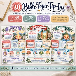 Può includere: Un set di studio biblico stampabile con 30 schede tematiche su grazia, salvezza e misericordia. Ogni pagina include fondamenti scritturali, riflessioni e preghiere. Il set comprende 60 pagine nei formati 21,6 x 27,9 cm e 14 x 21,6 cm.