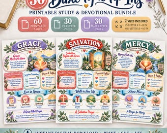 May include: A printable Bible study bundle featuring 30 topic tip-ins with themes of Grace, Salvation, and Mercy. Each page includes scripture foundations, reflection prompts, and prayers. The bundle includes 60 pages in 8.5 x 11 and 5.5 x 8.5 inch sizes.