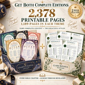 May include: A set of 2,378 printable pages featuring two collections: the Colorful Celestial Edition with dark blue starry designs and the Classic Botanical Edition with green leaf motifs. Each theme contains 1,189 pages of Bible study content.