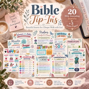 May include: A collection of 20 Bible journaling inserts and 3 bonus pages featuring colourful illustrations and text about religious topics like the Ten Commandments, Armor of God, and Parables of Jesus, designed for personal study and reflection.