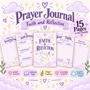 Pode incluir: Um conjunto de 15 páginas de diário de oração intitulado Faith and Reflection com texto roxo, ilustrações de pombas, nuvens e corações. As páginas incluem prompts guiados, seções de reflexão, rastreamento de orações e espaços para escrituras.
