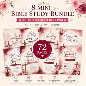 Peut inclure: Un ensemble d'étude biblique numérique comprenant 8 mini-ensembles pour un total de 72 pages. Le design présente des accents floraux dans des tons rose et bordeaux, des illustrations de croix et le texte 8 MINI BIBLE STUDY BUNDLE, FAITH, REFLECTION, GROWTH.
