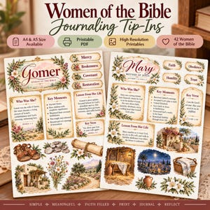 May include: Two printable sheets titled Women of the Bible Journaling Tip-Ins featuring Gomer and Mary. The pages include decorative labels, text boxes with biographical information, key moments, and verses, alongside illustrations of sandals, coins, scrolls, flowers, and landscapes.