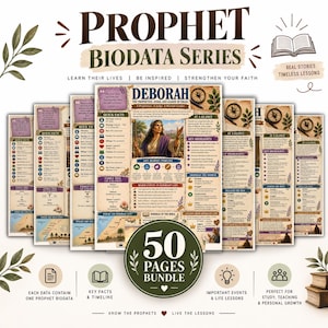 Może przedstawiać: Cyfrowy pakiet 50 stron zatytułowany Prophet Biodata Series zawierający arkusze edukacyjne o postaciach biblijnych. Każda strona zawiera portret, szybkie fakty, drzewo genealogiczne, oś czasu życia oraz lekcje płynące z życia proroka.