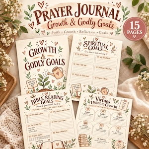 Może przedstawiać: 15-stronicowy zestaw dziennika modlitewnego z kremowymi kartkami, brązowym tekstem i ilustracjami. Strony zawierają Growth & Godly Goals, Spiritual Goals, Bible Reading Goals oraz Virtues I Want to Grow In, ozdobione sercami i roślinami.