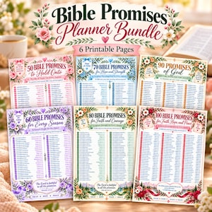 Könnte beinhalten: Ein Bibelversprechen-Planer-Paket mit sechs druckbaren Seiten mit Blumenrändern. Jede Seite listet nummerierte Schriftversprechen mit Titeln wie 50 Bible Promises to Hold Onto, 70 Bible Promises for Hope and Strength und 100 Bible Promises auf.