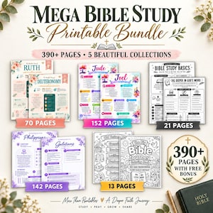 May include: A Mega Bible Study Printable Bundle featuring 390+ pages across 5 collections including Ruth, Deuteronomy, Jude, Joel, Philippians, Galatians, and a coloring book. The set includes study guides, worksheets, and a bonus page.