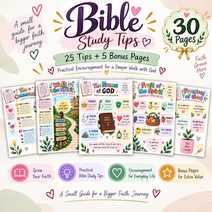 Può includere: Una guida allo studio biblico di 30 pagine con 25 consigli e 5 pagine bonus. Le pagine colorate includono illustrazioni e testi come Bible Study Tips, The Names of God, Fruit of the Spirit e Promises of God per il percorso di fede.