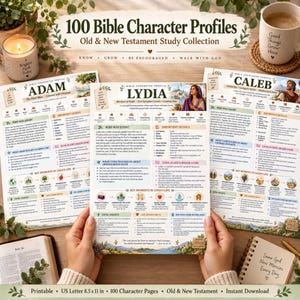 Pode incluir: Uma coleção de 100 páginas de perfis de personagens bíblicos com guias de estudo detalhados para figuras como Adão, Lídia e Calebe. Cada página inclui informações biográficas, momentos importantes da vida e lições espirituais em papel de 21,6 x 27,9 cm.
