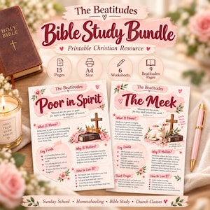 Könnte beinhalten: Ein druckbares Bibelstudien-Paket mit dem Titel The Beatitudes, bestehend aus 15 Seiten im A4-Format, 6 Arbeitsblättern und 9 Seiten zu den Seligpreisungen. Zwei Blätter zeigen Poor in Spirit und The Meek mit Blumenmotiven, Kreuzen, einer Krone und einem Lamm.