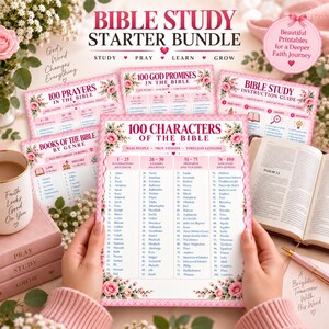 May include: A Bible study starter bundle featuring printed sheets with floral borders and text including 100 God Promises, 100 Prayers, Books of the Bible, and 100 Characters of the Bible. The set includes a mug, stacked books, and an open Bible.
