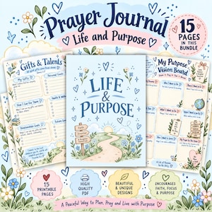 以下が含まれることがあります： 「Life and Purpose」と題された15ページの印刷可能なデジタル祈りのジャーナルバンドル。表紙には小道、テキストが書かれた標識、花のイラストが描かれています。ページには、才能やギフト、ビジョンボードのためのセクションが含まれています。