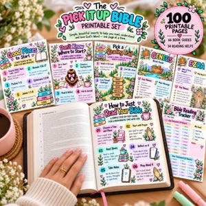 May include: A printable Bible study set featuring 100 pages, including book guides and reading trackers. The collection displays colorful, illustrated instructional sheets with text like The Pick It Up Bible, Good Places to Start, and How to Just Read Your Bible, alongside an open book.