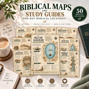 May include: A collection of printed study guides featuring historical maps of biblical locations including the Sea of Galilee, Rome, and Jerusalem. Each page contains detailed geographical information, historical facts, and illustrations.
