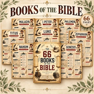 May include: A collection of 66 pages titled Books of the Bible, featuring educational summaries for individual books like Genesis, Luke, and Titus. Each page includes historical context, key messages, maps, and illustrations of scrolls and quills.