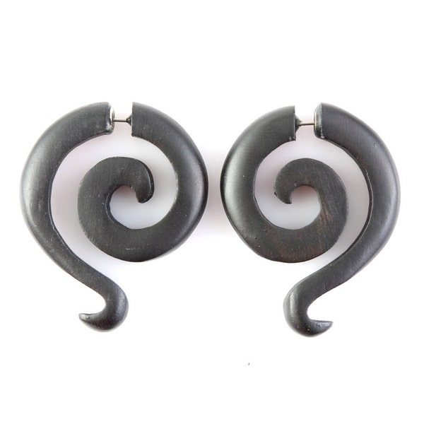 Fake Gauge Earrings - Wood Tribal Earrings Fake Piercing Jewelry - Push Back "Black Kinky Spirals" Sono Wood Earrings