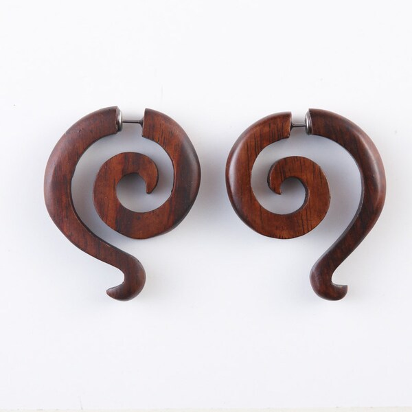 Fake Gauge Earrings - Wood Tribal Earrings - Fake Plug Piercing Jewelry - Push Back "Kinky Spiral" Sono Wood Earrings