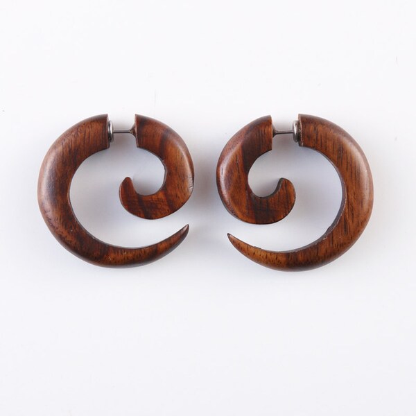 Fake Gauge Earrings - Wood Earrings - Fake Plugs Tribal Earrings - Push Back "Small Coils" Spiral Sono Wood Fake Gauges Earrings