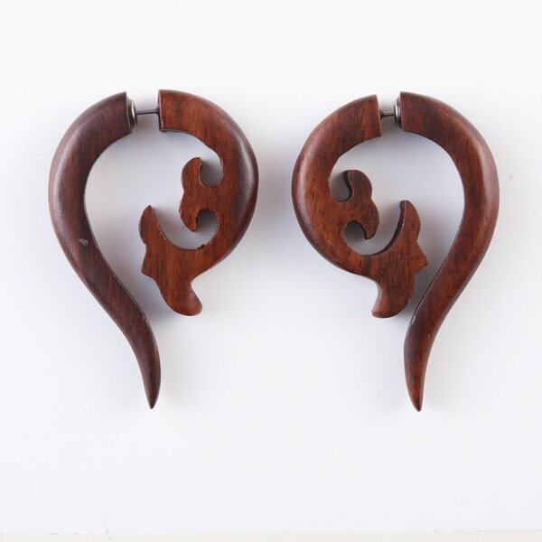 Fake Gauge Earrings - Wood Earrings Fake Piercing  - Sono Wood "Push Back Hanging Flowers" Earrings