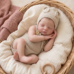 May include: A sleeping infant wearing a beige knit romper with two wooden buttons and a matching bonnet featuring two small rounded ears. The infant is resting on a cream-colored muslin cloth inside a woven wicker basket with a wooden ring toy.