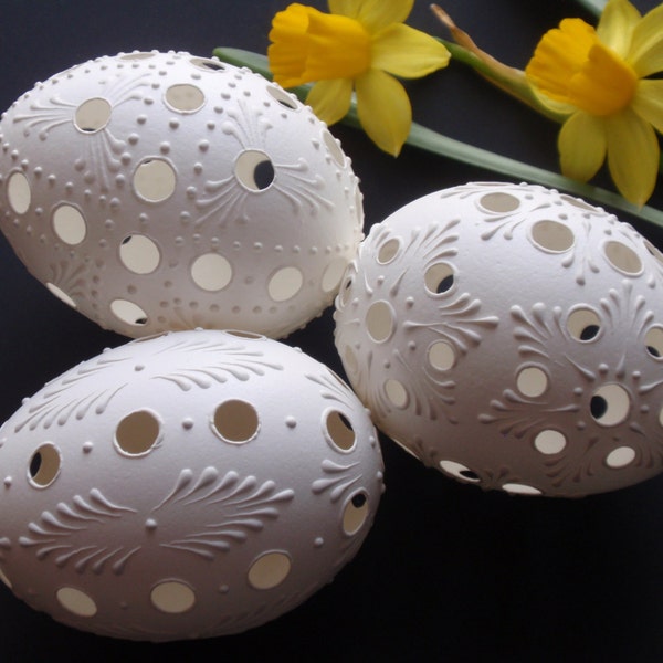 Easter Eggs, Set of 3 Traditional Slavic Carved and Wax-Embossed Chicken Eggs,  Pysanky Eggs, Kraslice in White, Madeira Eggs