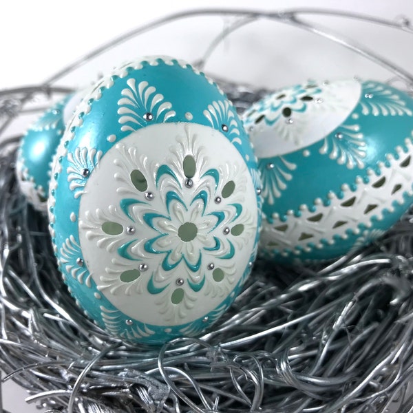 Duck Egg, Drop Pull Pysanky, Carved and Wax Embossed Duck Egg, Kraslice, Polish Pisanka