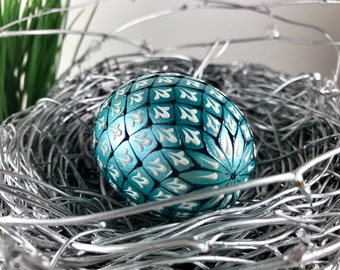 Easter Duck Egg in Metallic Blue, Wax Embossed Pysanka, Drop Pull Polish Pisanka, EggstrArt Studio