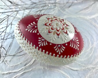 Goose Egg in Red, Polish Folk Art Pisanka, Real Goose Egg, Carved and Wax Embossed Goose Egg, Kraslice, Polish Pisanka