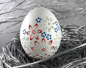 Easter Egg with Flowers, Carved and Wax Embossed Duck Egg, Easter Gift, Polish Pysanky, Easter Tree Egg Ornament