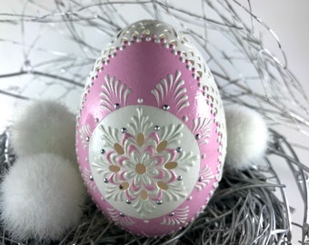 Pink Easter Egg, Goose Egg Pysanky, Polish Easter Pisanki, Carved and Wax Embossed Real Goose Egg, Polish Folk Art