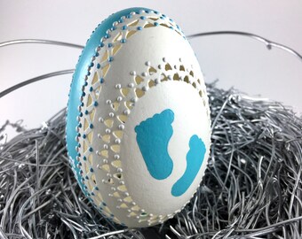 First Easter 2024, Carved and Wax Embossed Goose Egg, Baby Boy, Blue Egg, Drop Pull Polish Pysanky, Egg Art