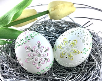 Set of 2 Tiny Duck Eggs, Carved and Wax Embossed Pysanky Eggs, Easter Eggs, Drop Pull Polish Pisanki, Easter Decorations