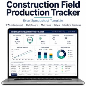以下が含まれることがあります： Construction Field Production TrackerのExcelスプレッドシートテンプレートを表示するノートパソコンの画面。ダッシュボードには、工数推移の折れ線グラフ、3週間の見通しを示す棒グラフ、遅延理由の円グラフなどのデータ可視化が含まれています。