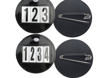 Porte-numéros en cuir verni Hamag™ (paire) - Rond | Porte-numéros personnalisé pour tapis de selle | Fait main | Personnaliser les numéros