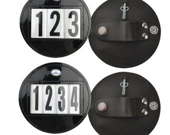 Hamag™ Patent Leather Bridle Number Holders (Pair) - Round  | Custom Bridle Number Holders | Handmade | Customise Numbers