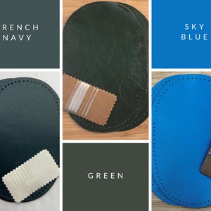 Puede incluir: Tres piezas de cuero ovaladas con costuras alrededor de los bordes. Las piezas de cuero son de color azul marino, verde y azul cielo. Cada pieza se empareja con un trozo de hilo.