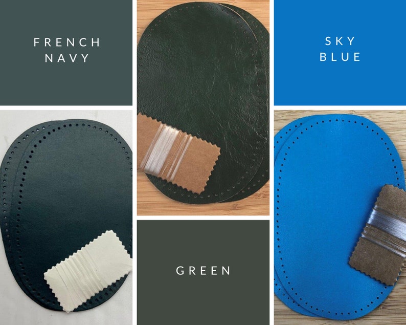 Puede incluir: Tres piezas de cuero ovaladas con costuras alrededor de los bordes. Las piezas de cuero son de color azul marino, verde y azul cielo. Cada pieza se empareja con un trozo de hilo.