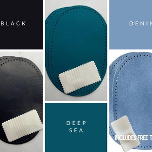 Puede incluir: Dos juegos de parches ovalados de cuero en negro, azul verdoso y azul claro. Cada juego incluye dos parches y un trozo de tela blanca. El texto "BLACK", "DEEP SEA", "DENIM" e "INCLUDES FREE THREAD" es visible en la imagen.