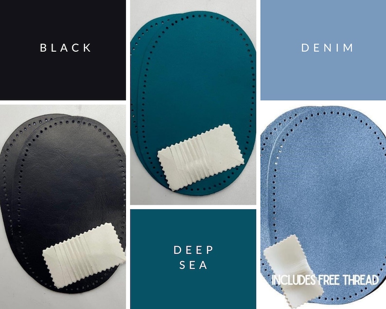 Puede incluir: Dos juegos de parches ovalados de cuero en negro, azul verdoso y azul claro. Cada juego incluye dos parches y un trozo de tela blanca. El texto "BLACK", "DEEP SEA", "DENIM" e "INCLUDES FREE THREAD" es visible en la imagen.