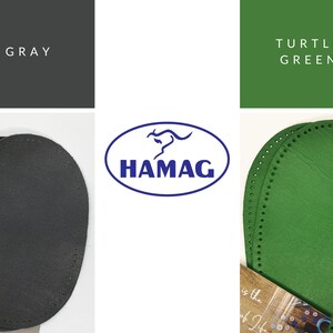 Puede incluir: Dos parches de cuero, uno gris y otro verde, con un borde cosido. Los parches son de forma ovalada y tienen un patr&oacute;n de agujeros alrededor del borde. El texto "HAMAG" es visible en un &oacute;valo azul sobre fondo blanco.