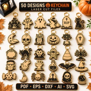 May include: A collection of 29 wooden Halloween-themed keychains featuring laser-cut designs including ghosts, pumpkins, skulls, bats, and tombstones. The image includes text reading 50 DESIGNS KEYCHAIN LASER CUT FILES and PDF EPS DXF AI SVG.