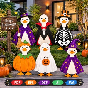 May include: Six wooden goose cutouts dressed in Halloween costumes including a witch, vampire, skeleton, pumpkin, ghost, and wizard. A wooden sign on a post reads Happy Halloween with paw prints. The figures feature orange beaks and feet.