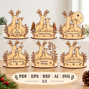 May include: Six laser-cut wooden deer family ornaments on circular bases. Each features two adult deer and a fawn with engraved text like Our Family, Together Always, The Anderson Family, The Williams Family, Christmas Blessings, and The Martinez Family.
