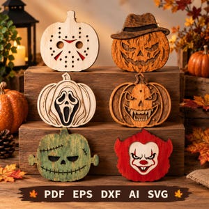 Puede incluir: Seis decoraciones de madera cortadas con láser con diseños de calabazas de terror, incluyendo una máscara de hockey, una calabaza con sombrero, un fantasma, una calabaza con colmillos, un monstruo verde y un payaso, con texto PDF EPS DXF AI SVG.